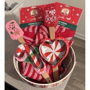NEW DG Dolly Parton LOT 8.5” Peppermint Bowl 2 Towel 2 Spatula 2 Cookie Cutter